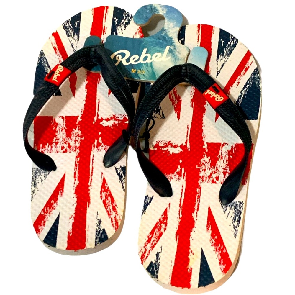 Rebel Union Jack Flip Flops, NWT